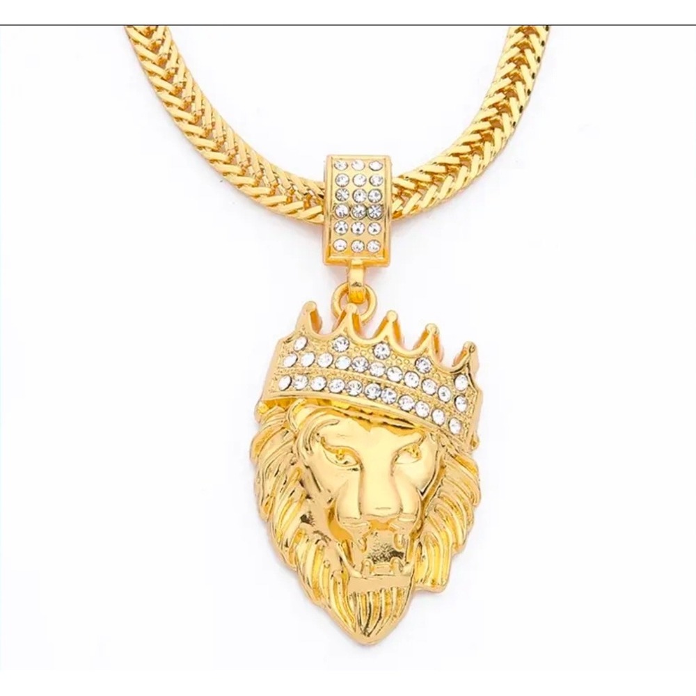 Gold Tone Crowned Lion Head Pendant Necklace w/ Iced CZ Crown Chain 18"